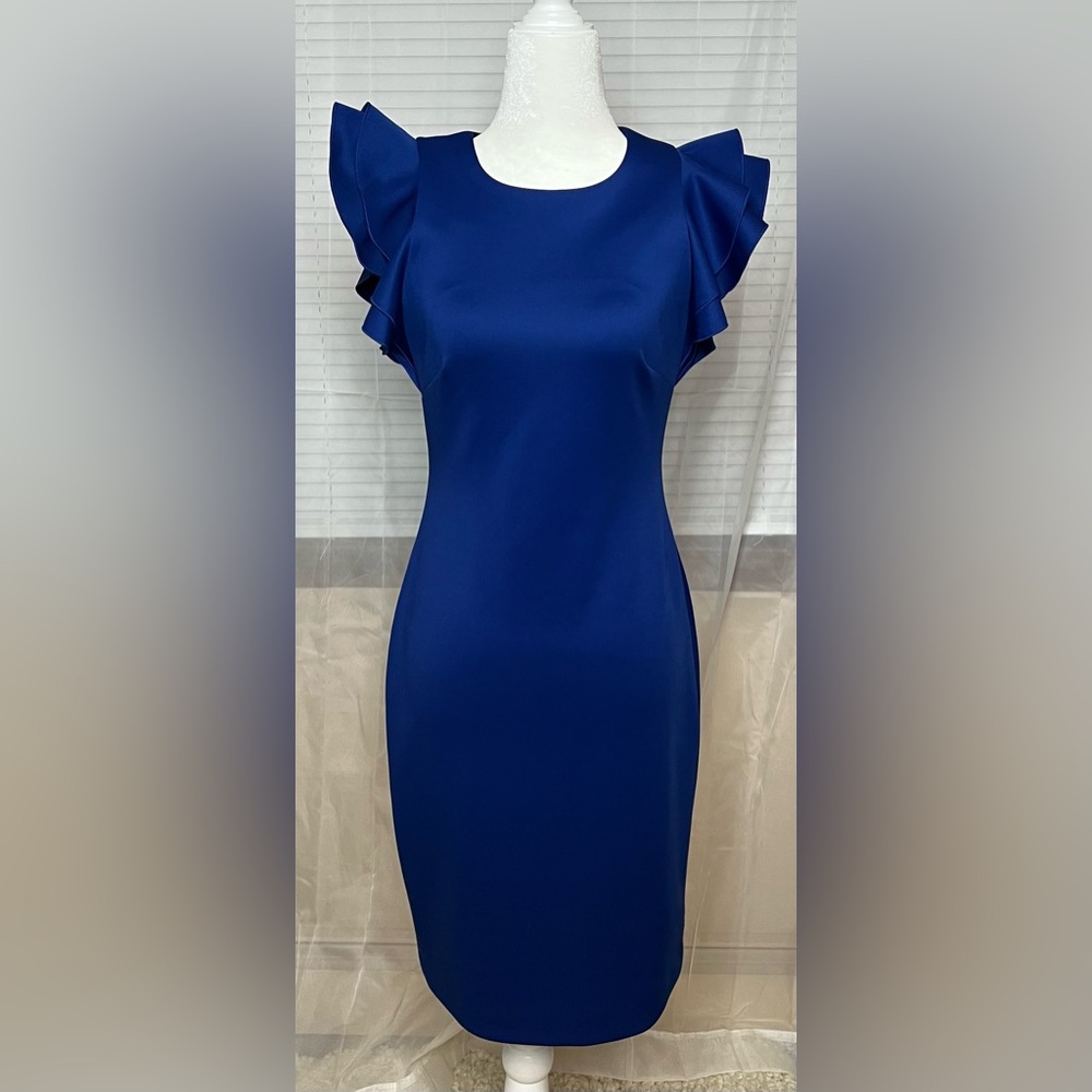 Tommy Hilfiger Dress Womens 2 Royal Blue Flutter Sleeve Sheath
